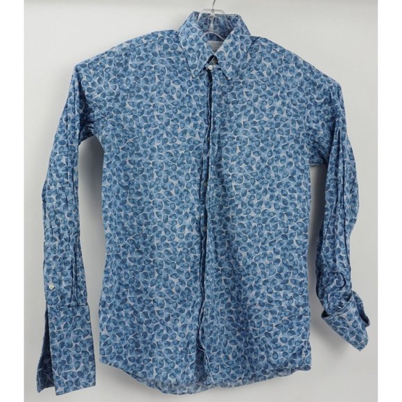 William Hunt Savile Row Men's 15.5 Blue Floral Cotton Luxury Button Up Shirt - Picture 1 of 10